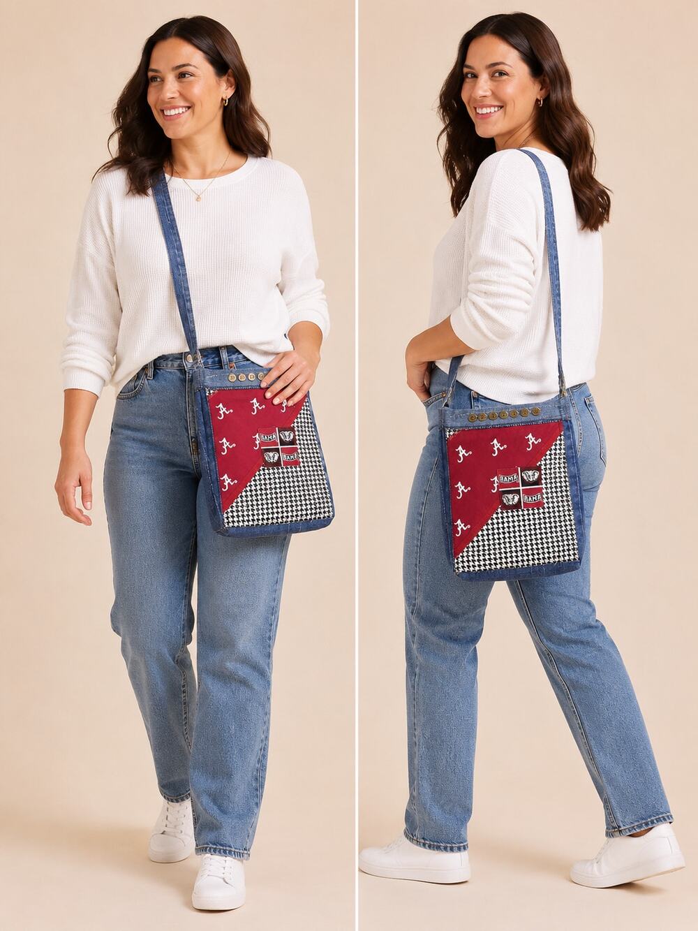 Handmade University of Alabama Denim Crossbody Purse Patchwork Crimson Tide Bag